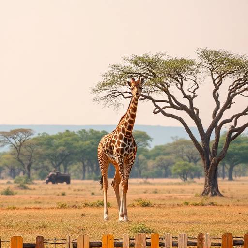 A giraffe grazing on acacia trees against the backdrop of a vast African savanna in Kruger National Park