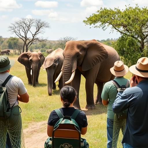 A group of tourists on a guided safari tour, observing elephants in their natural habitat.