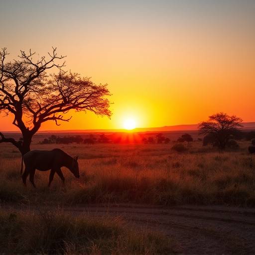 A panoramic view of the South African savanna at sunset, showcasing diverse wildlife.