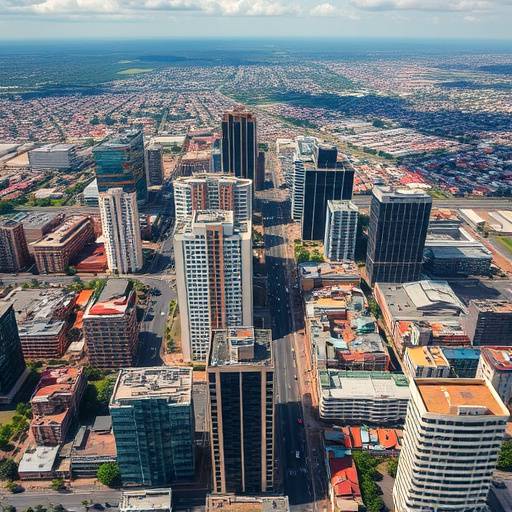 Aerial view of Johannesburg cityscape with modern buildings and sprawling urban landscape