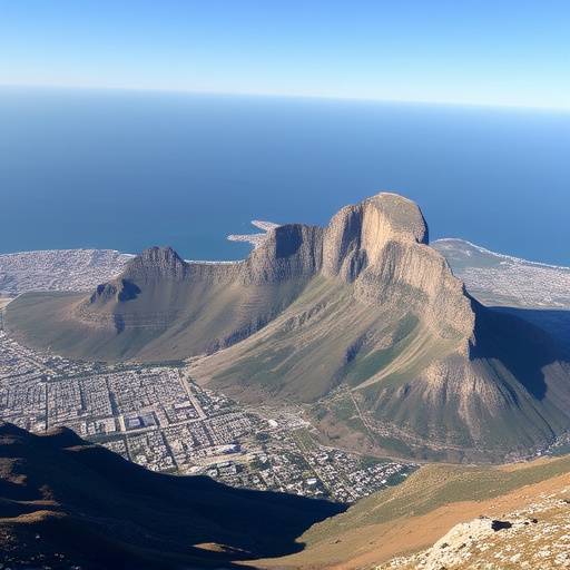 Panoramic view of Table Mountain overlooking Cape Town and the Atlantic Ocean