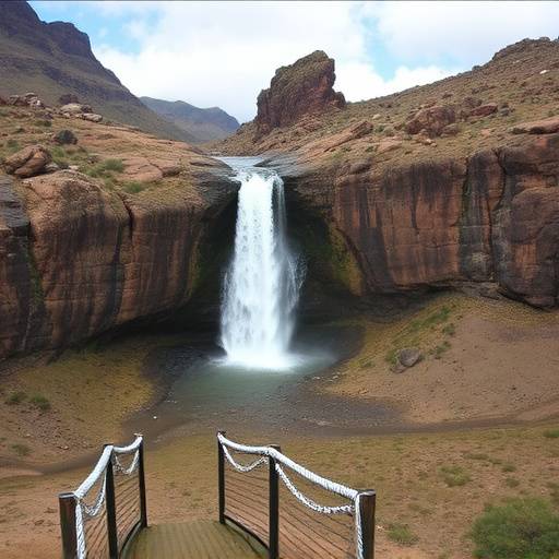 View of the Drakensberg Amphitheatre, a dramatic rock formation with a cascading waterfall